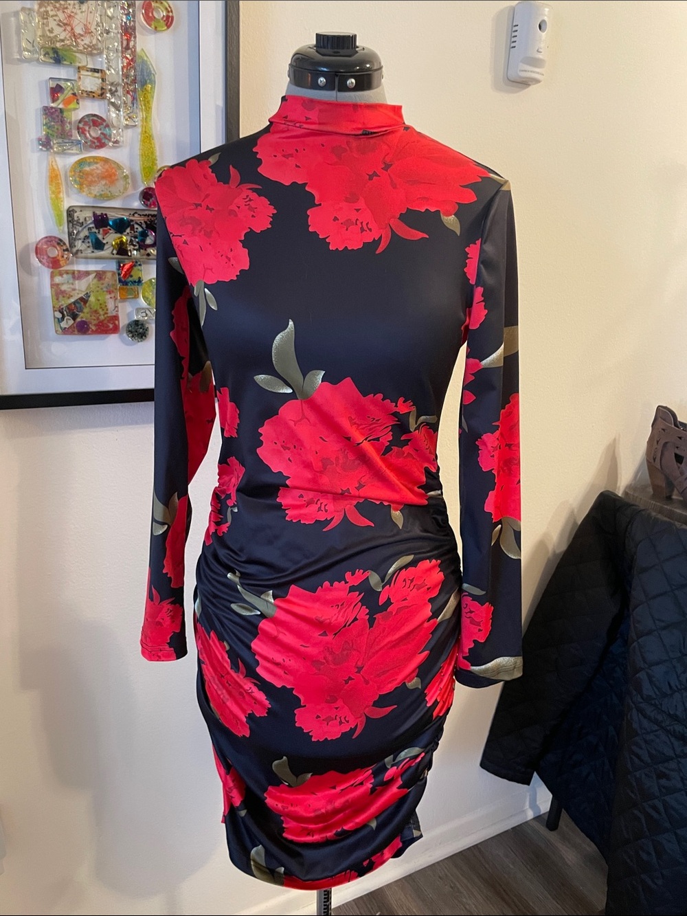 SHEIN Black Dress with Red Floral Print and Turtleneck